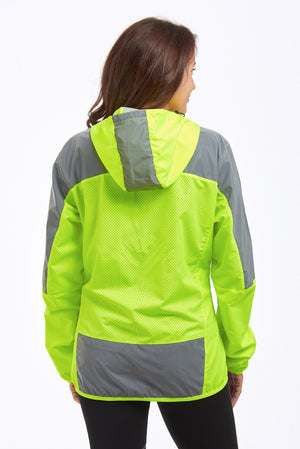 Women's Windproof Reflective Hooded Running Jacket - Lime Green