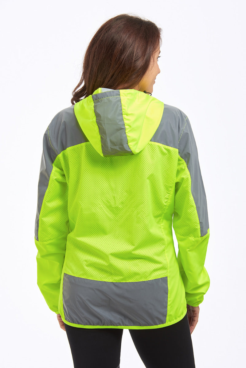 Women's Windproof Reflective Hooded Running Jacket - Lime Green
