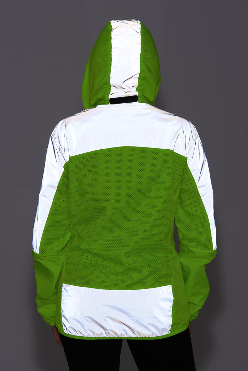 Women's Windproof Reflective Hooded Running Jacket - Lime Green