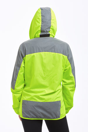 Women's Windproof Reflective Hooded Running Jacket - Lime Green