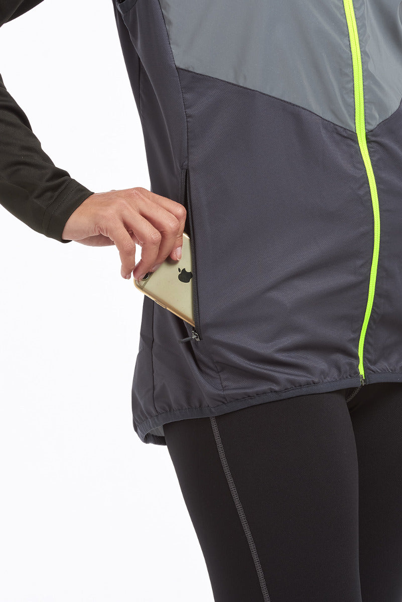 Women's Running Gilet - Windproof Reflective High Vis & Lightweight - Charcoal Grey