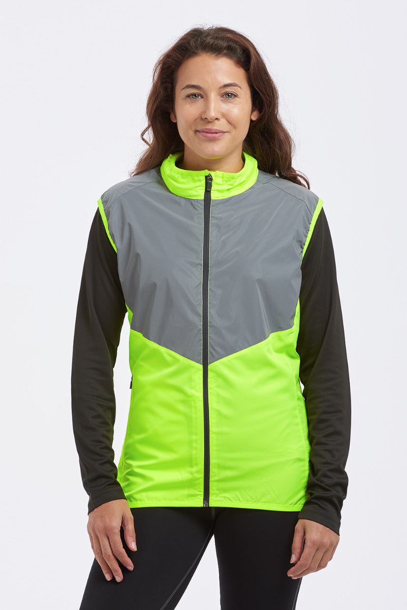 Women's Running Gilet - Windproof Reflective High Vis & Lightweight - Lime Green