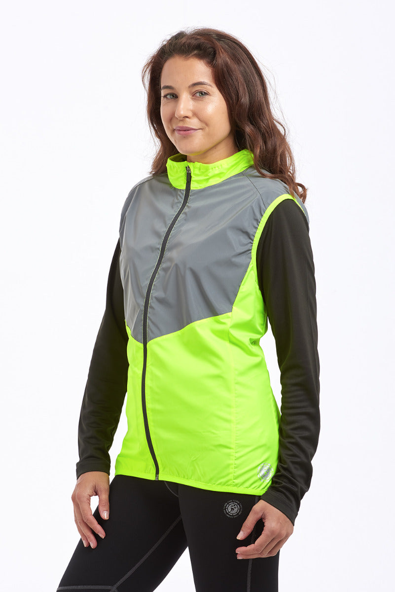 Women's Running Gilet - Windproof Reflective High Vis & Lightweight - Lime Green