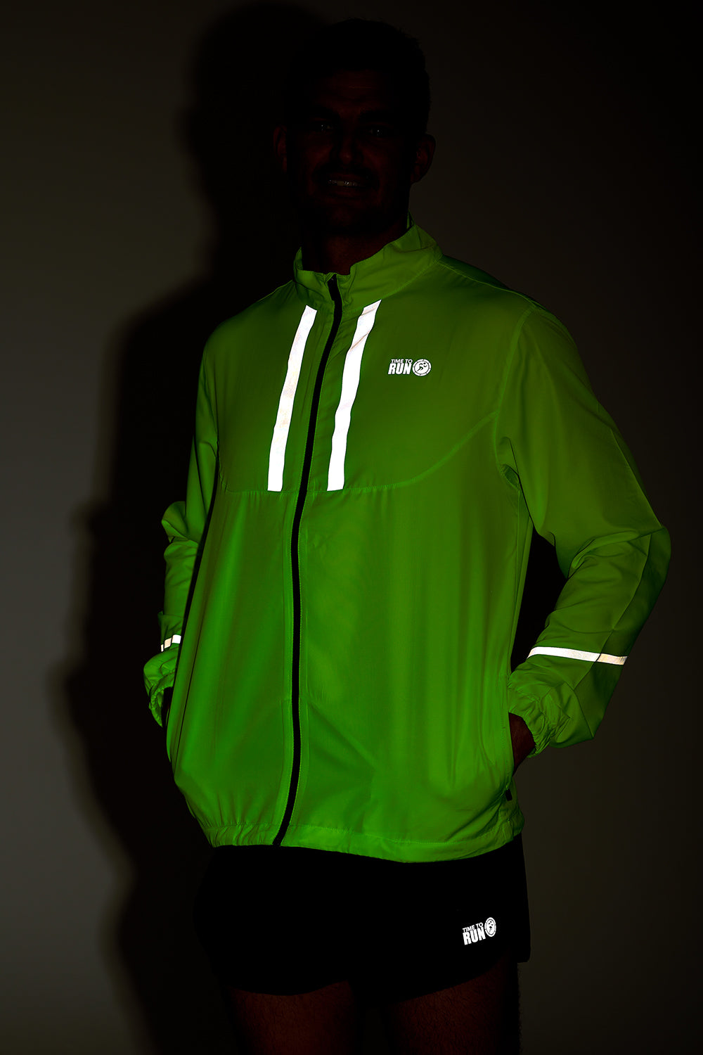 Men's Pace Running Jacket - Lightweight Windproof Reflective Trim & Two Pockets - Lime Green