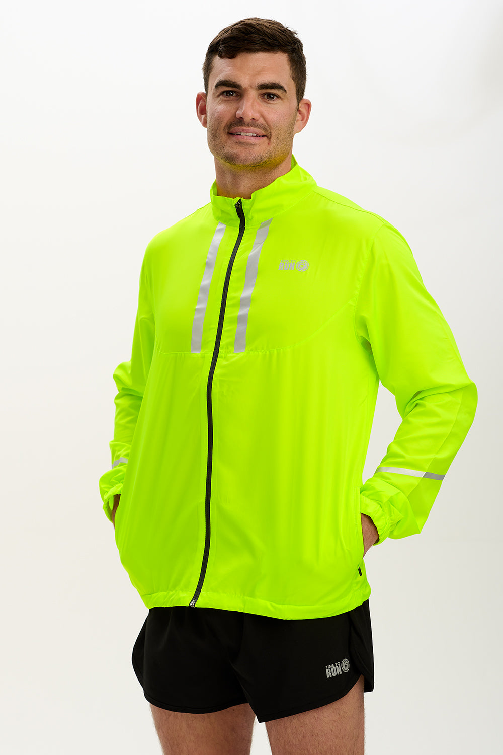 Men's Pace Running Jacket - Lightweight Windproof Reflective Trim & Two Pockets - Lime Green