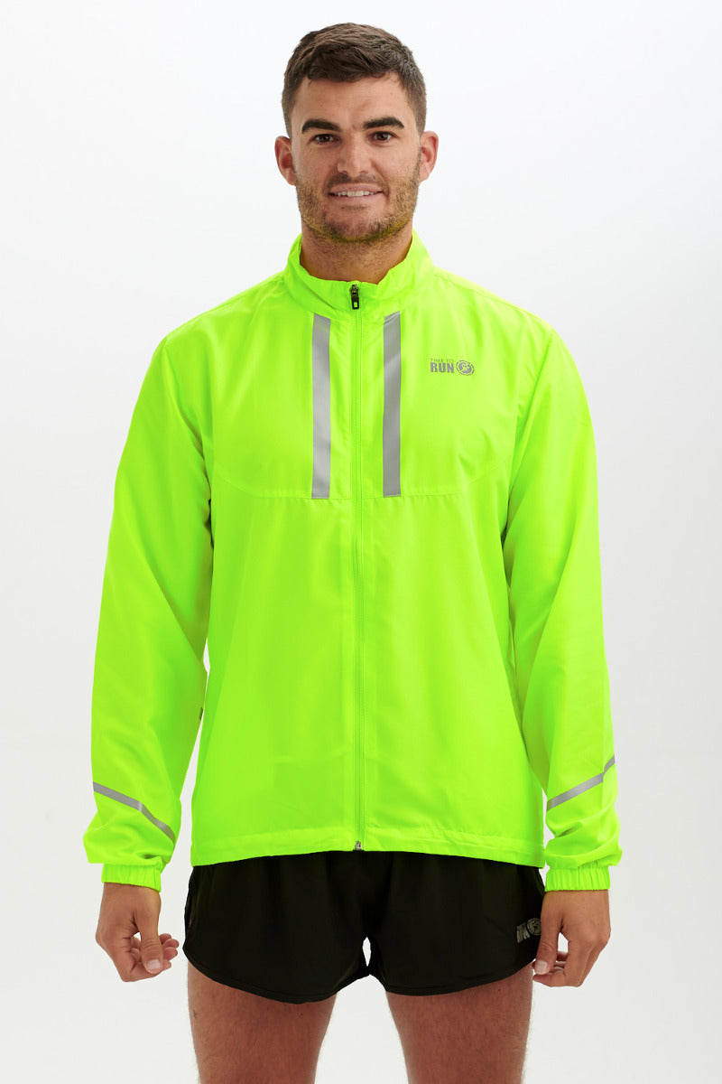 Men's Pace Running Jacket - Lightweight Windproof Reflective Trim & Two Pockets - Lime Green