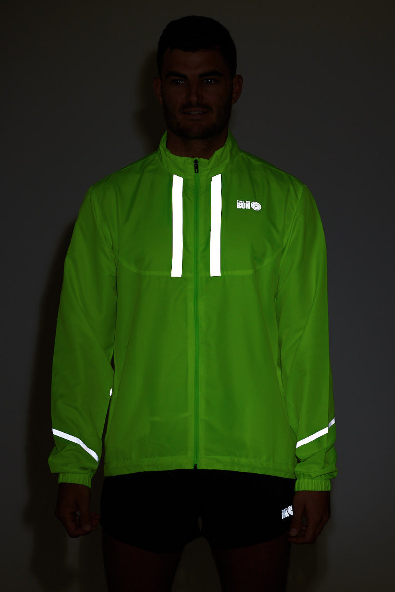 Men's Pace Running Jacket - Lightweight Windproof Reflective Trim & Two Pockets - Lime Green