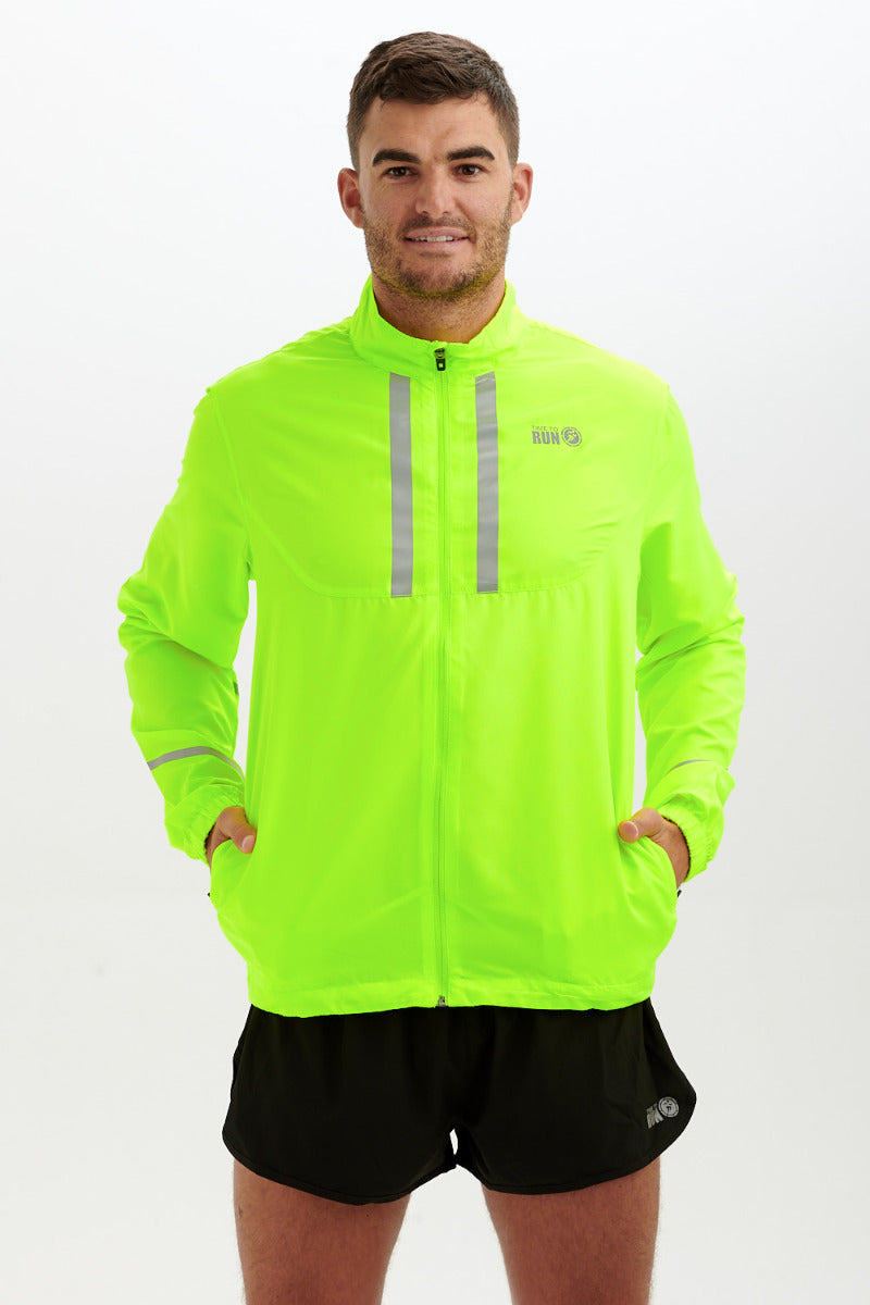 Men's Pace Running Jacket - Lightweight Windproof Reflective Trim & Two Pockets - Lime Green