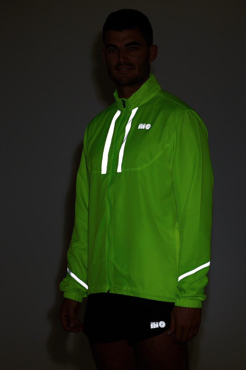 Men's Pace Running Jacket - Lightweight Windproof Reflective Trim & Two Pockets - Lime Green