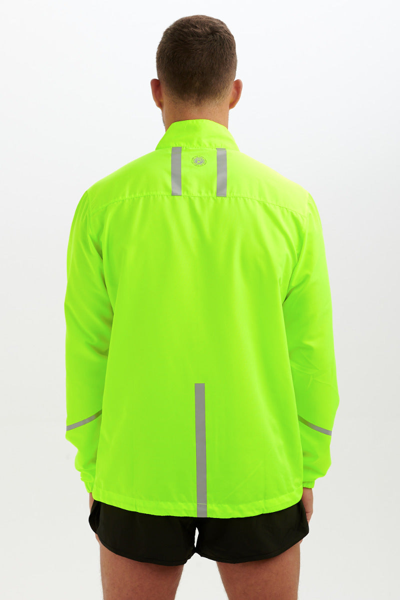 Men's Pace Running Jacket - Lightweight Windproof Reflective Trim & Two Pockets - Lime Green