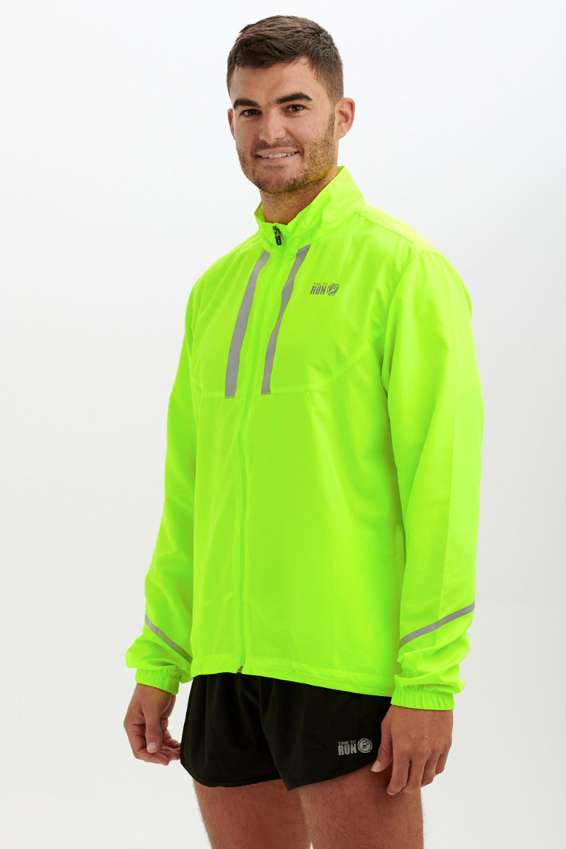 Men's Pace Running Jacket - Lightweight Windproof Reflective Trim & Two Pockets - Lime Green