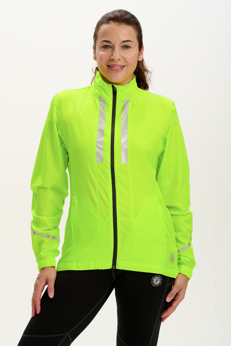 Women's Pace Running Jacket - Lightweight Windproof Reflective Trim & Two Pockets - Lime Green
