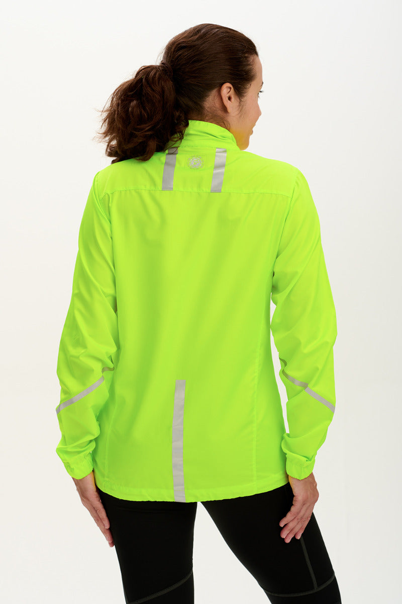 Women's Pace Running Jacket - Lightweight Windproof Reflective Trim & Two Pockets - Lime Green