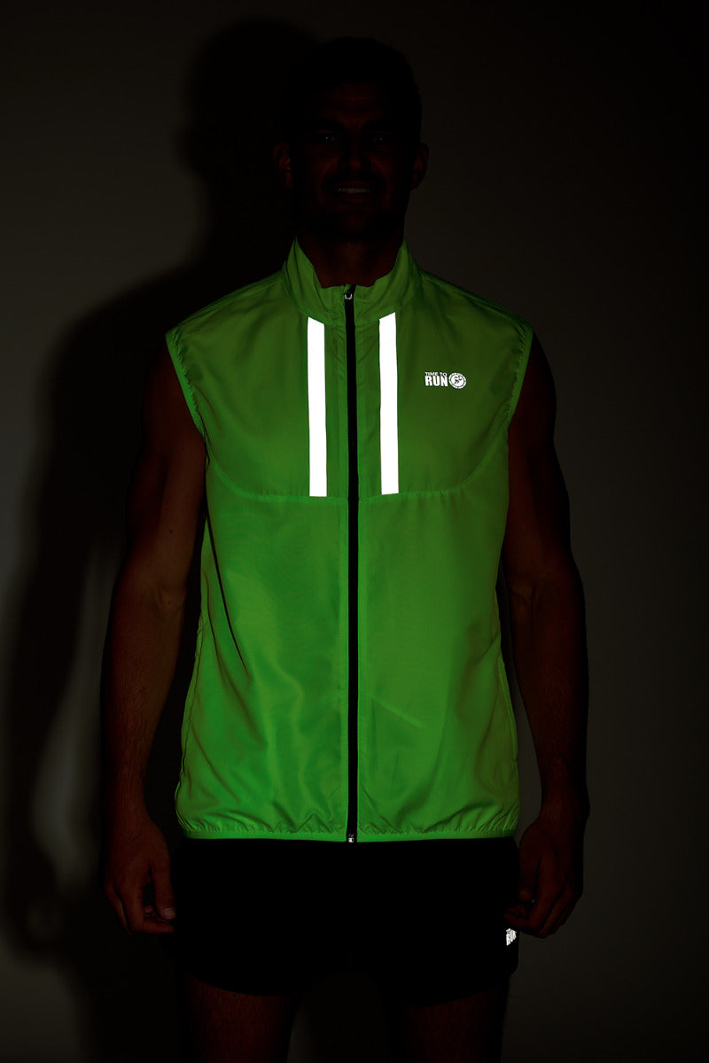 Men's Pace Running Gilet - Lightweight Windproof Reflective Trim & Two Pockets - Lime Green