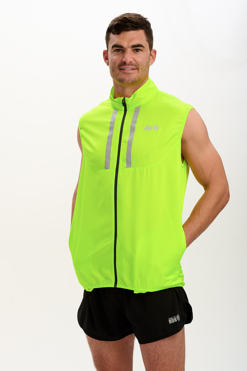 Men's Pace Running Gilet - Lightweight Windproof Reflective Trim & Two Pockets - Lime Green