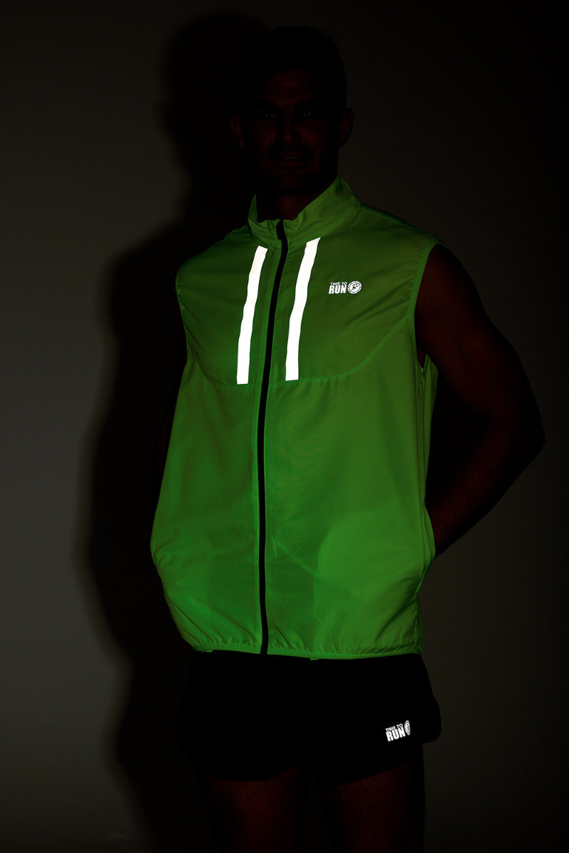 Men's Pace Running Gilet - Lightweight Windproof Reflective Trim & Two Pockets - Lime Green