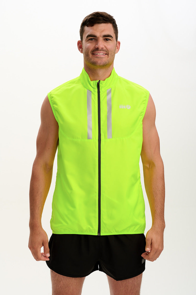Men's Pace Running Gilet - Lightweight Windproof Reflective Trim & Two Pockets - Lime Green