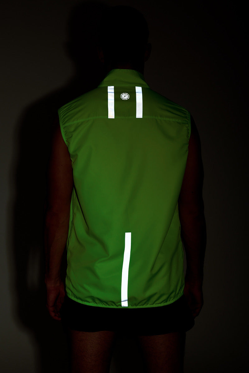 Men's Pace Running Gilet - Lightweight Windproof Reflective Trim & Two Pockets - Lime Green