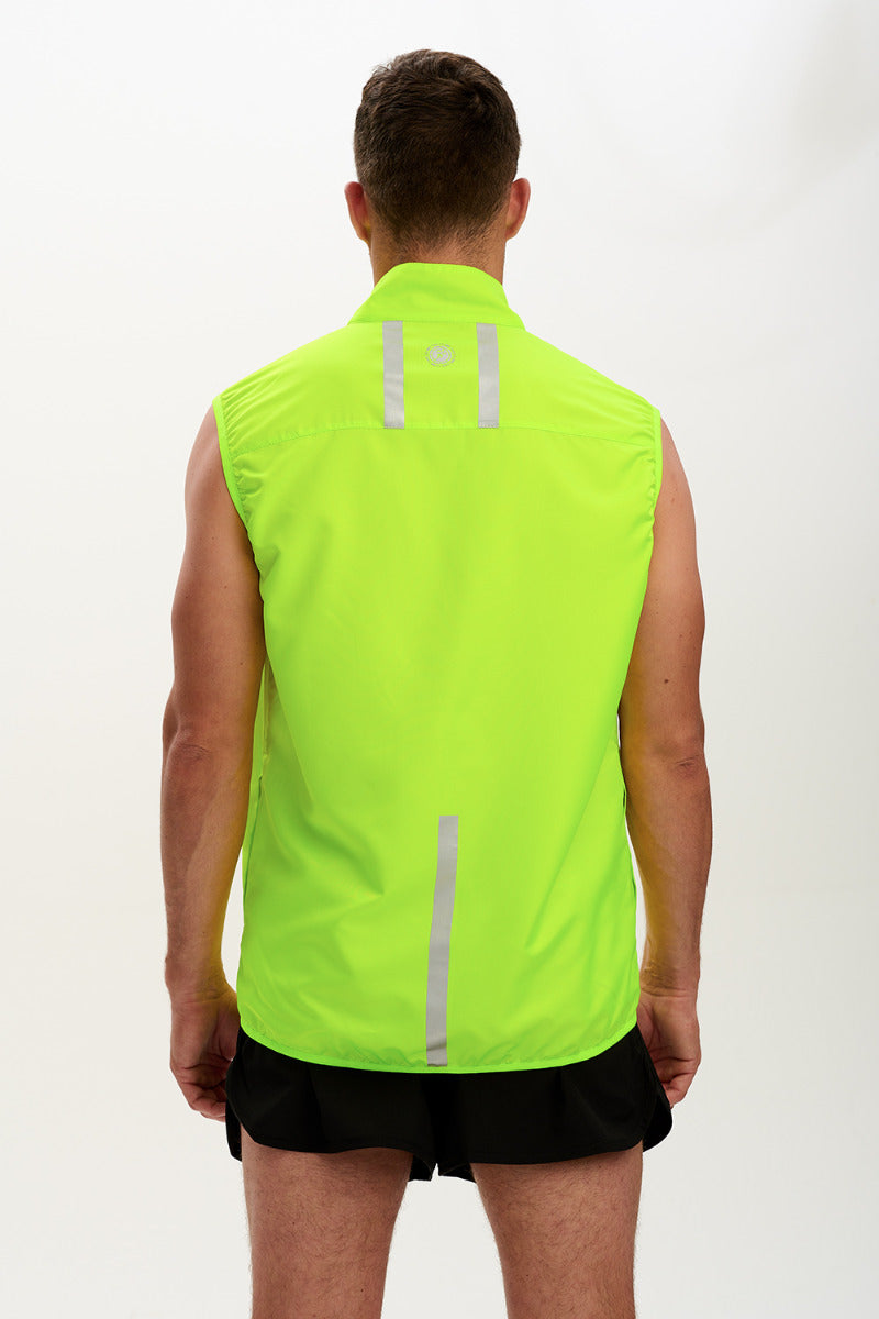 Men's Pace Running Gilet - Lightweight Windproof Reflective Trim & Two Pockets - Lime Green