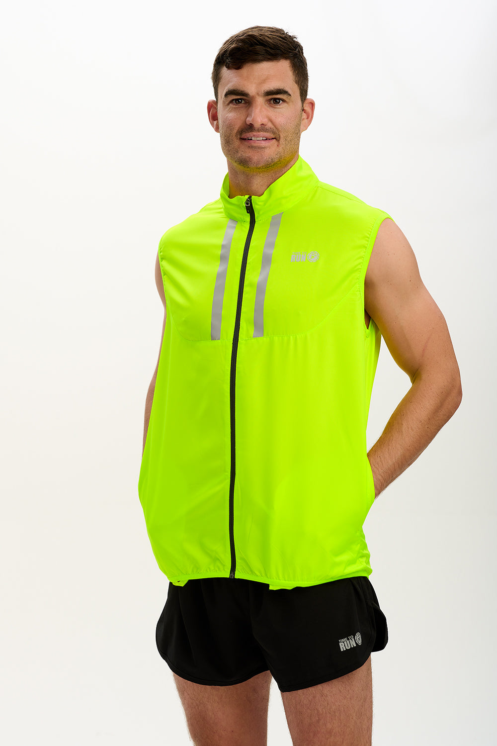 Men's Pace Running Gilet - Lightweight Windproof Reflective Trim & Two Pockets - Lime Green