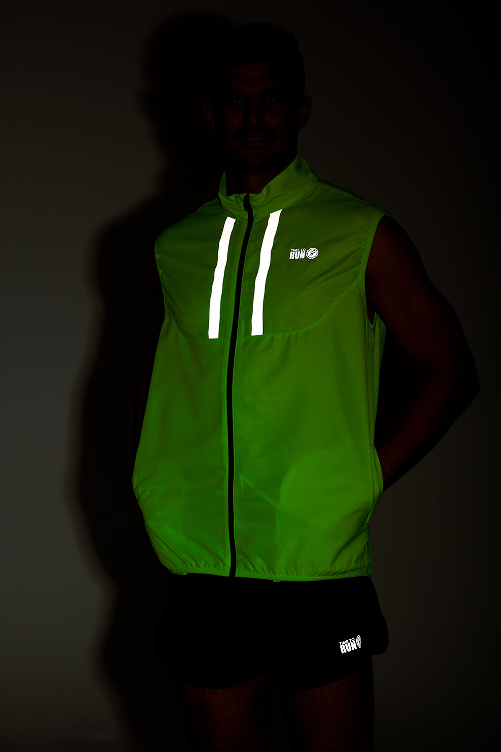 Men's Pace Running Gilet - Lightweight Windproof Reflective Trim & Two Pockets - Lime Green