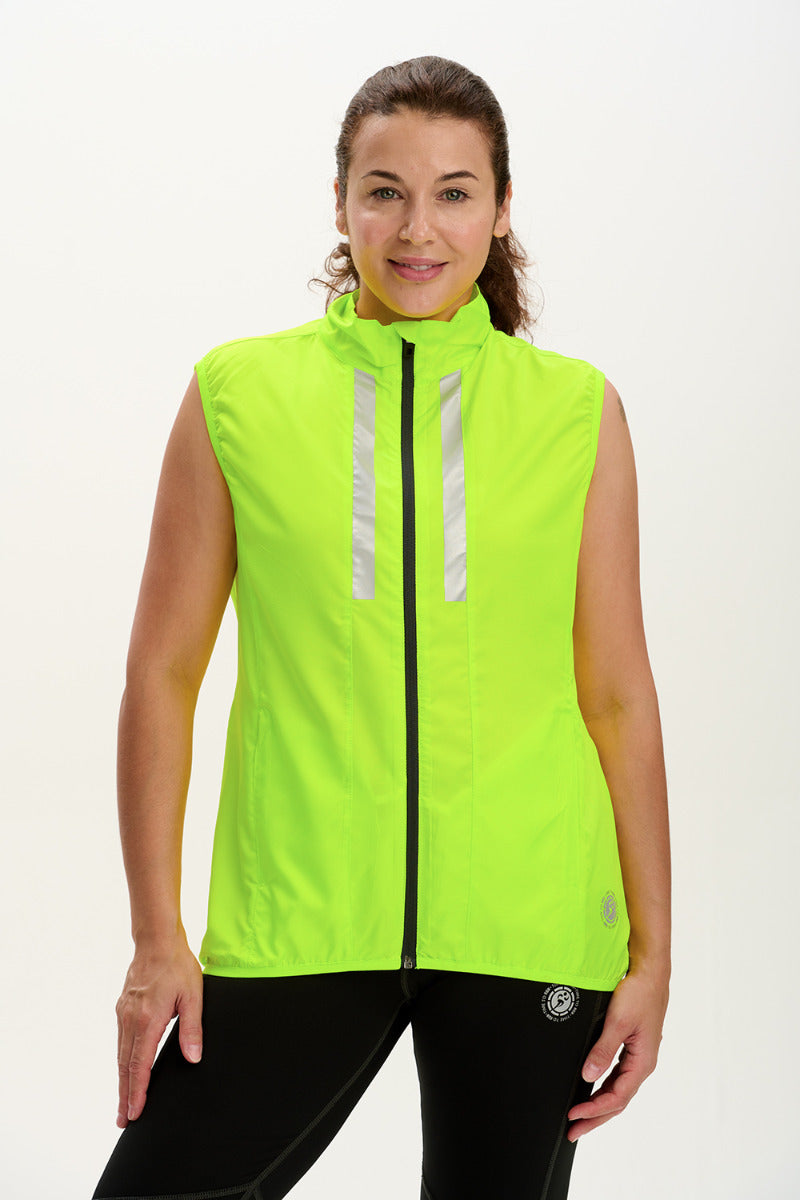 Women's Pace Running Gilet - Lightweight Windproof Reflective Trim & Two Pockets - Lime Green