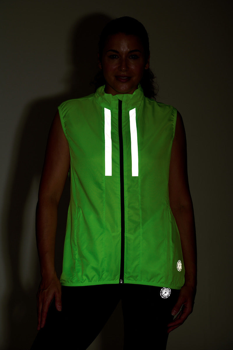 Women's Pace Running Gilet - Lightweight Windproof Reflective Trim & Two Pockets - Lime Green