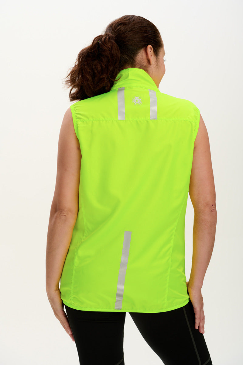 Women's Pace Running Gilet - Lightweight Windproof Reflective Trim & Two Pockets - Lime Green