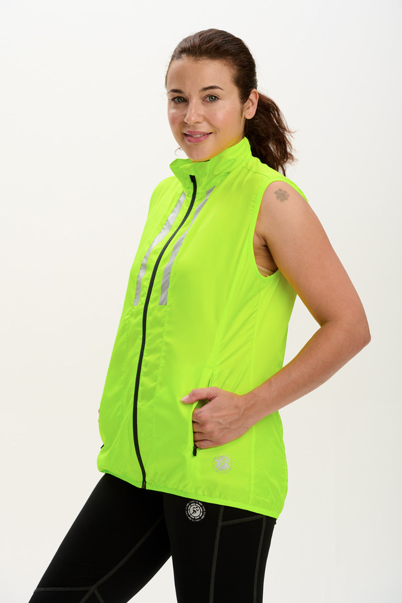 Women's Pace Running Gilet - Lightweight Windproof Reflective Trim & Two Pockets - Lime Green