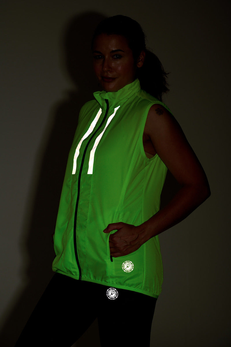 Women's Pace Running Gilet - Lightweight Windproof Reflective Trim & Two Pockets - Lime Green