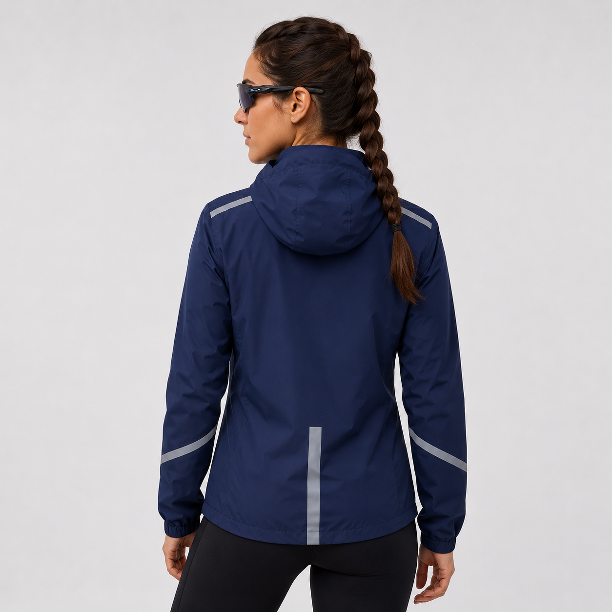 Women's Waterproof Reflective Hooded Running Jacket - Navy Blue