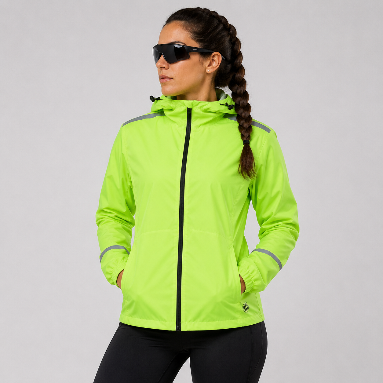 Women's Waterproof Reflective Hooded Running Jacket - Lime