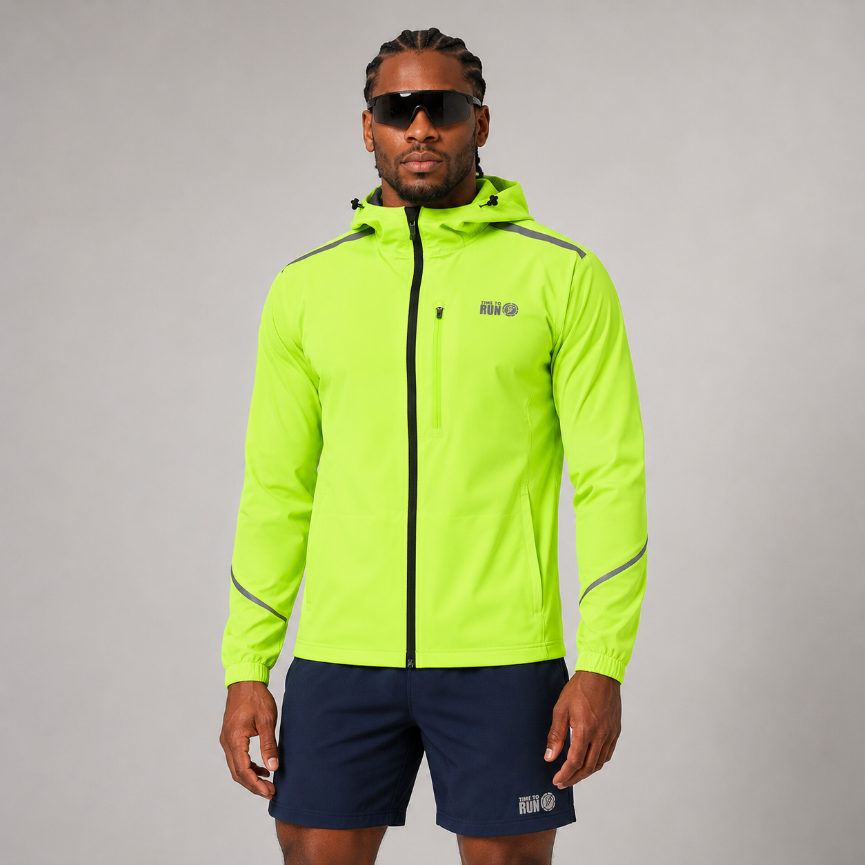 Men's Waterproof Reflective Hooded Running Jacket - Lime