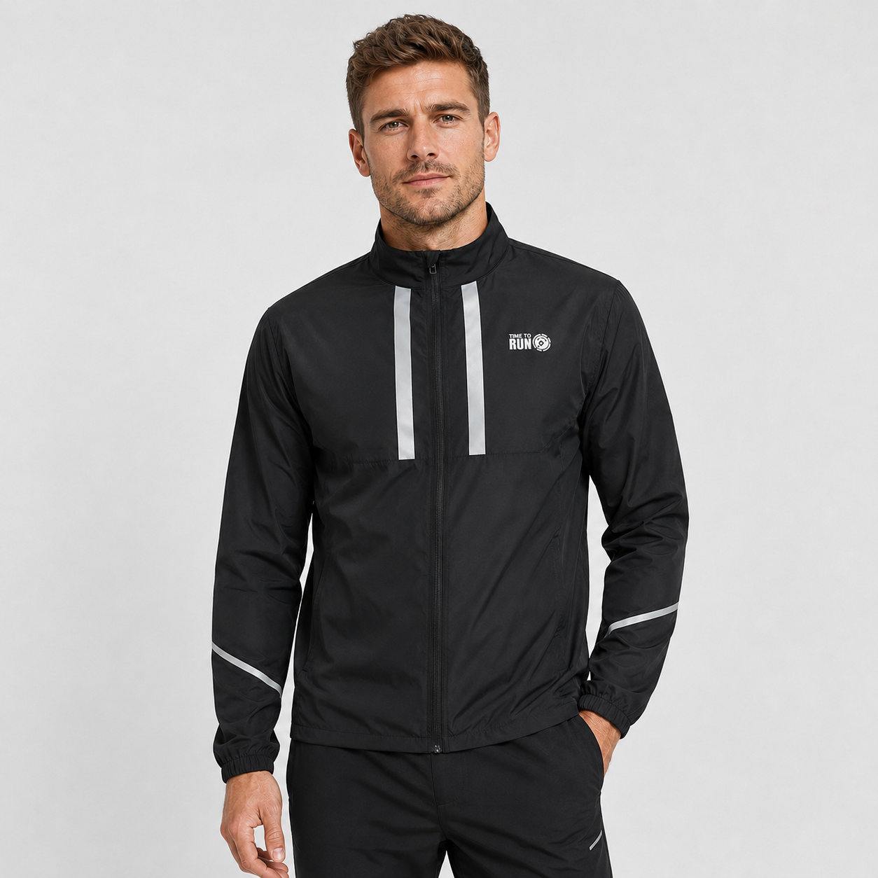 Men's Windproof Reflective Running Jacket - Black