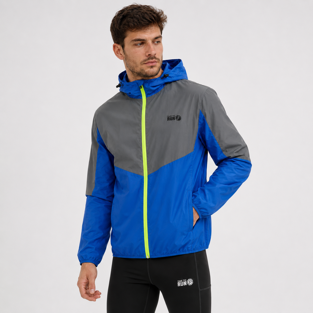 Men's Windproof Reflective Hooded Running Jacket - Blue Grey