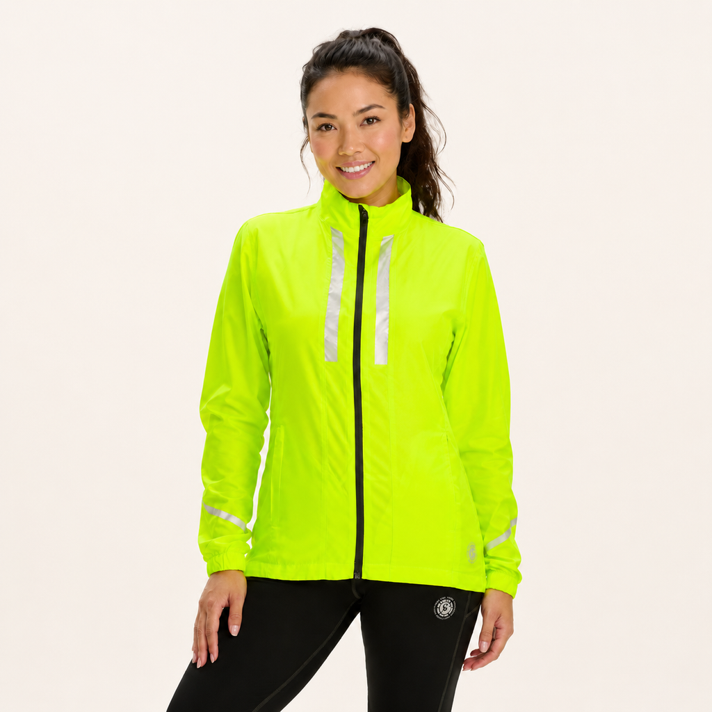 Women's Pace Running Jacket - Lightweight Windproof Reflective Trim & Two Pockets - Lime Green