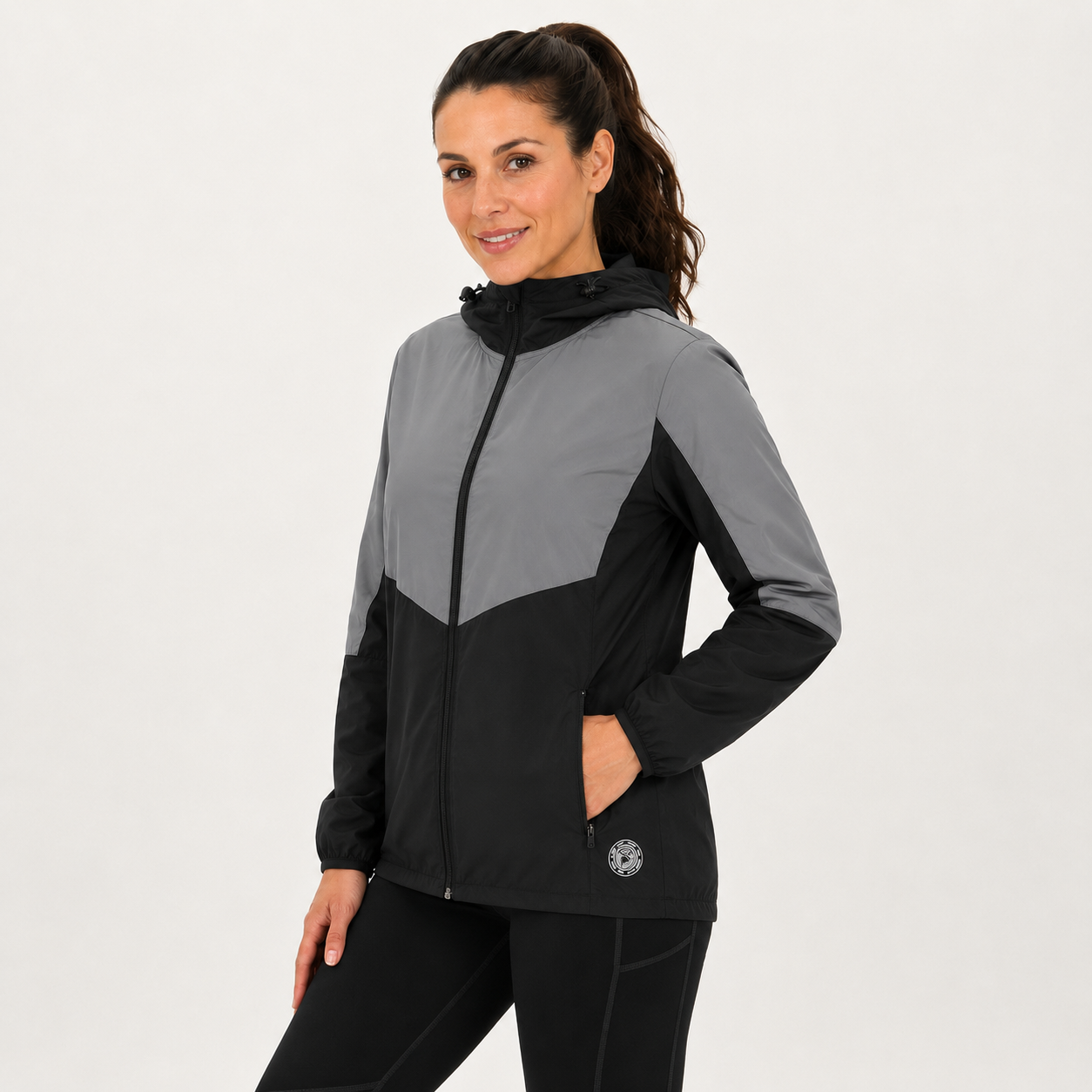 Women's Windproof Reflective Hooded Running Jacket - Black Grey
