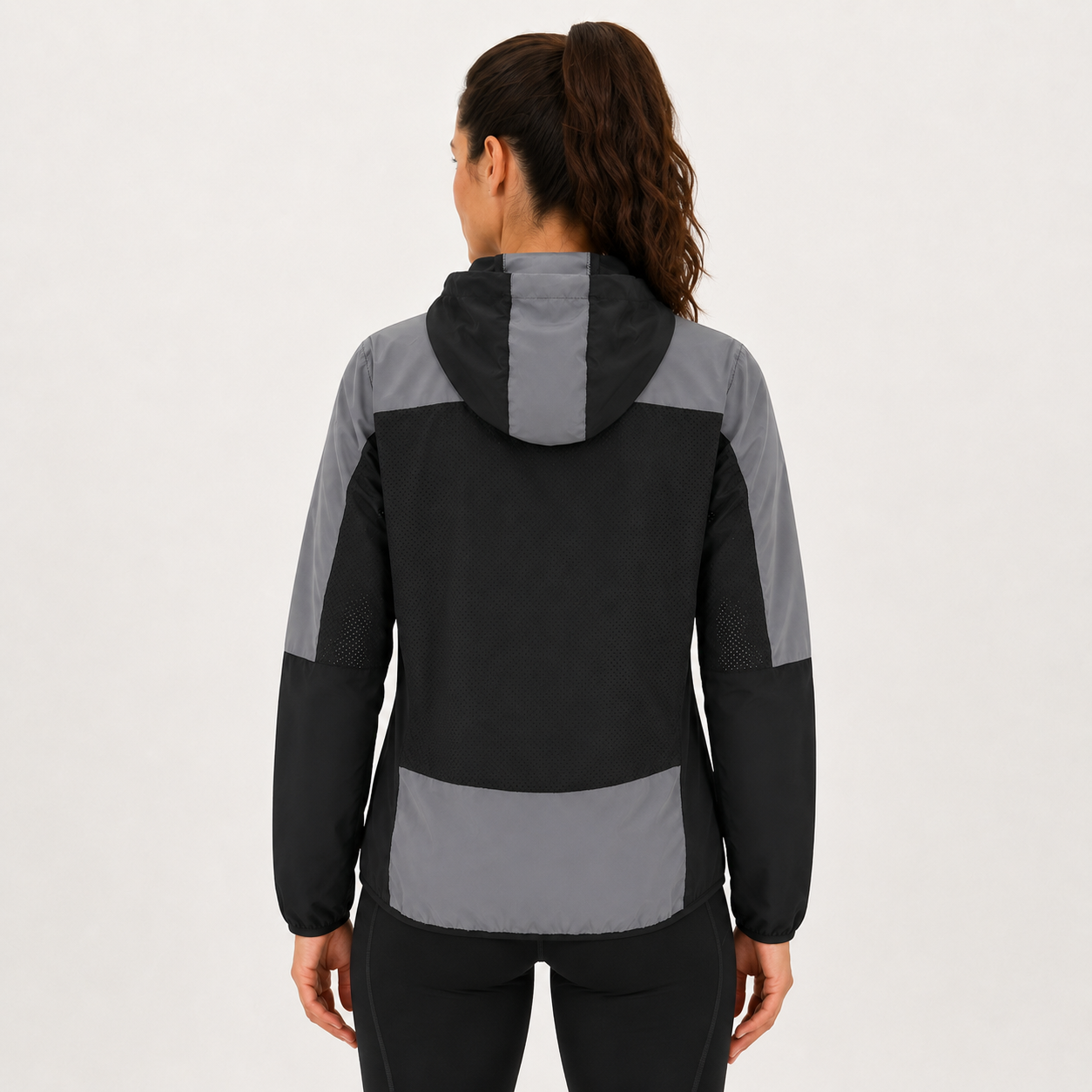 Women's Windproof Reflective Hooded Running Jacket - Black Grey