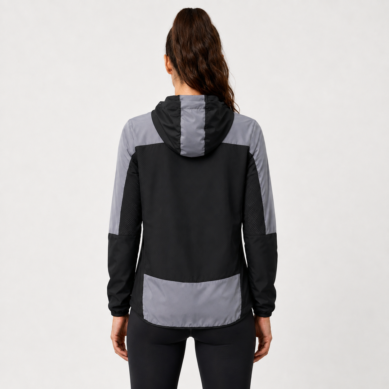 Women's Windproof Reflective Hooded Running Jacket - Black Grey