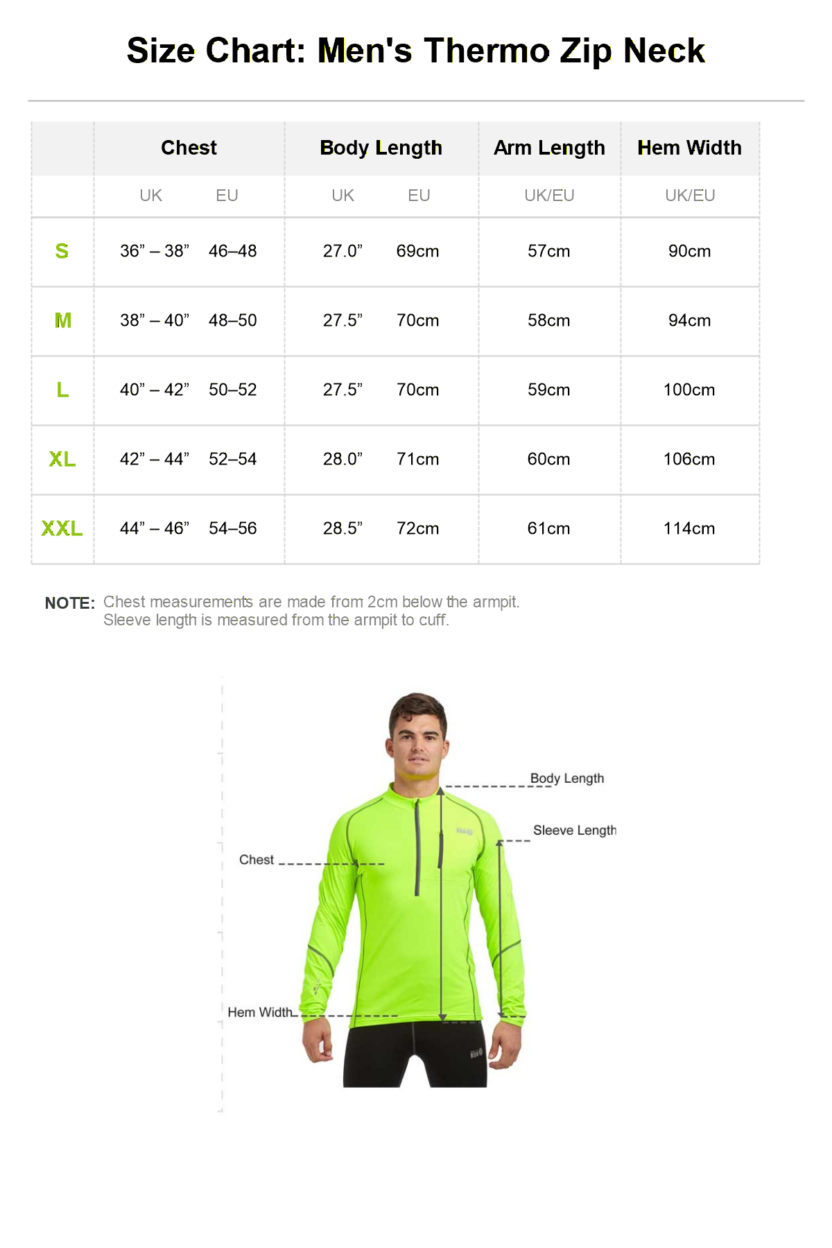 Men’s thermal running top size chart