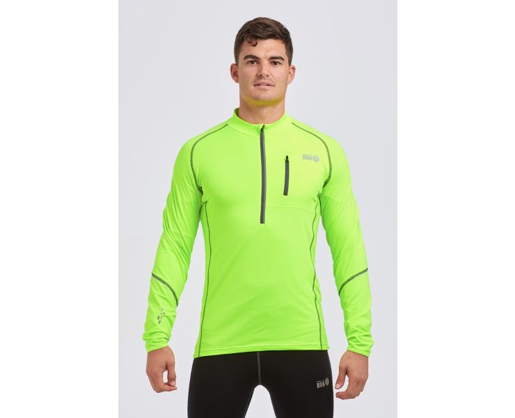 Running Top For Men Long Sleeved Zip Neck Shirt With Chest Pocket Thermal Fabric Lime Green